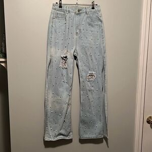 Women's Light Blue Ripped Embellished Side Slit Straight Wide Leg Jeans